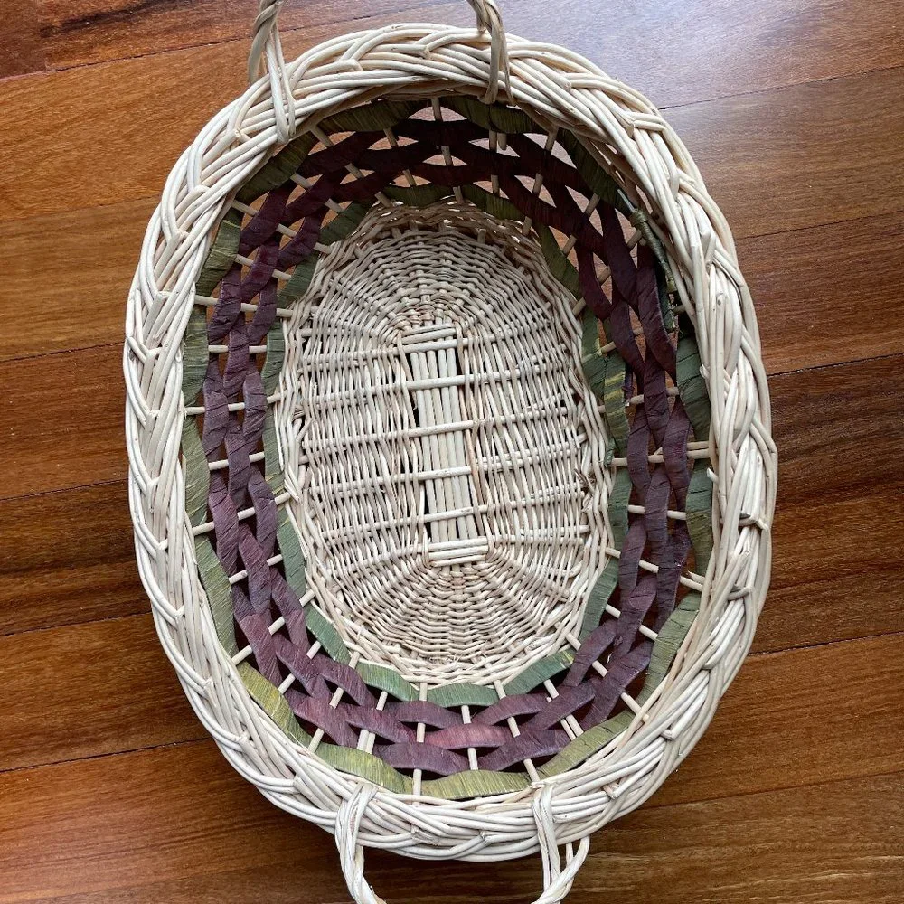 Sturdy Oval Basket with Handles - Tan Burgundy Green